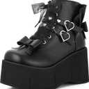 Tscoyuki Studs Platform Boots for Women Goth Rave Boots Round Toe Chunky Wedge Heel Combat Ankle Boot w/Side Zip Buckle Booties for Concert (8, Black 1)