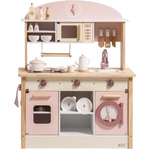ROBUD Play Kitchen for Kids Toddlers, Wooden Play Kitchen with Realistic Accessories, Toy Kitchen Set with Plenty of Play Features, Modern Style Toy Kitchen for Girls & Boys, Gift for Ages 3+, Pink