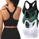 Zip Front Sports Bras for Women Adjustable Racerback Medium Support Bras Padded Post-Surgery Bras Seamless Yoga Athletic Bra, Pack of 3, Large