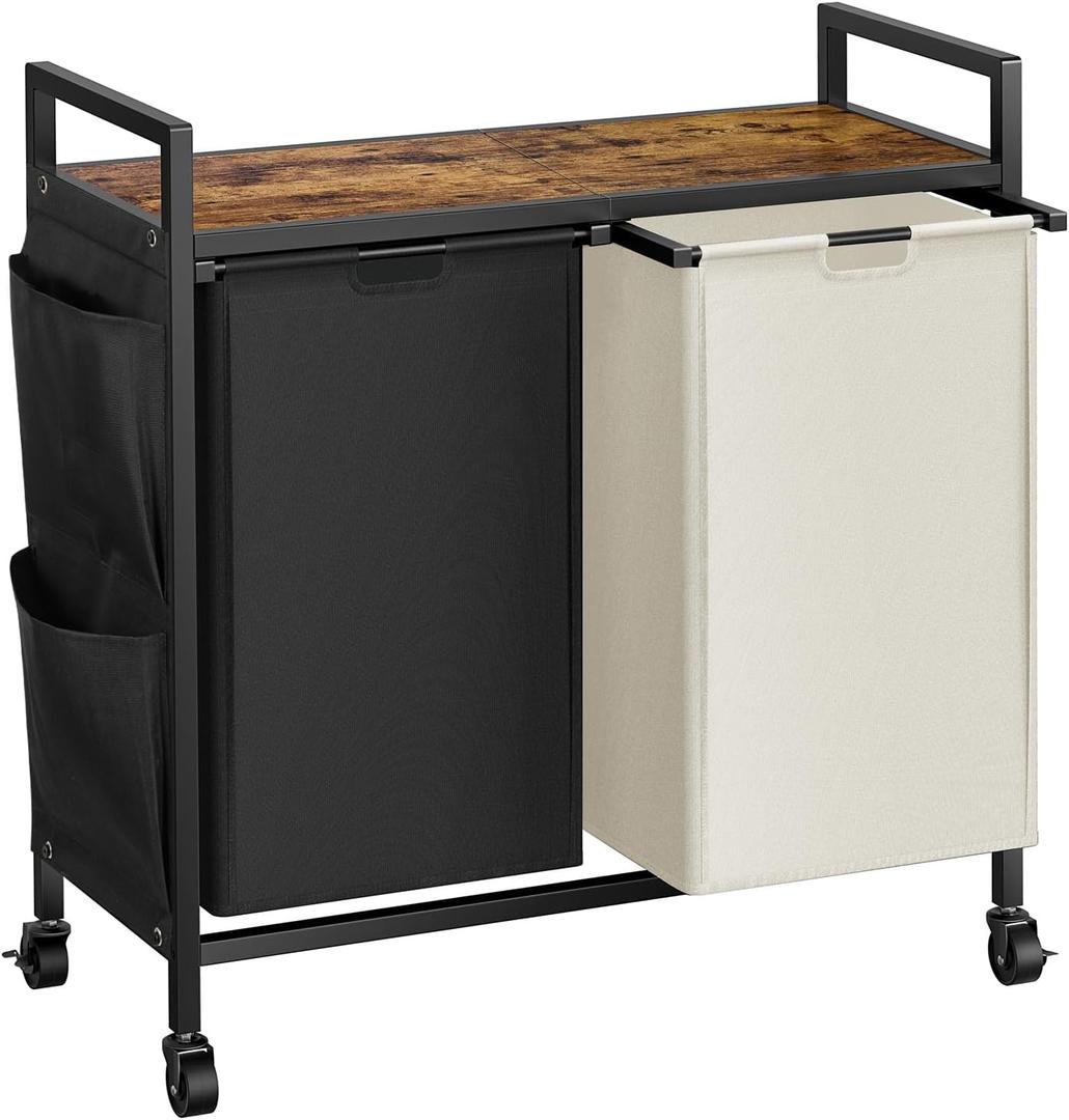 WOWLIVE Double Laundry Hamper with Lid,Rolling Laundry Basket Organizer with Wheels, Iron-Made Laundry Sorter with Top Shelf and 2 Removable Bags,Large Clothes Storage for Room,Black and Beige (110L (30.0 x 13 x 32 Inches))
