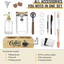 Coffee Storage Container Set with Wooden Base, 40oz Airtight Glass Coffee Bean Jar, 16.9oz Syrup Dispenser, Spoon & Card Holder, Coffee Bar Accessories for Kitchen Counter Organizer