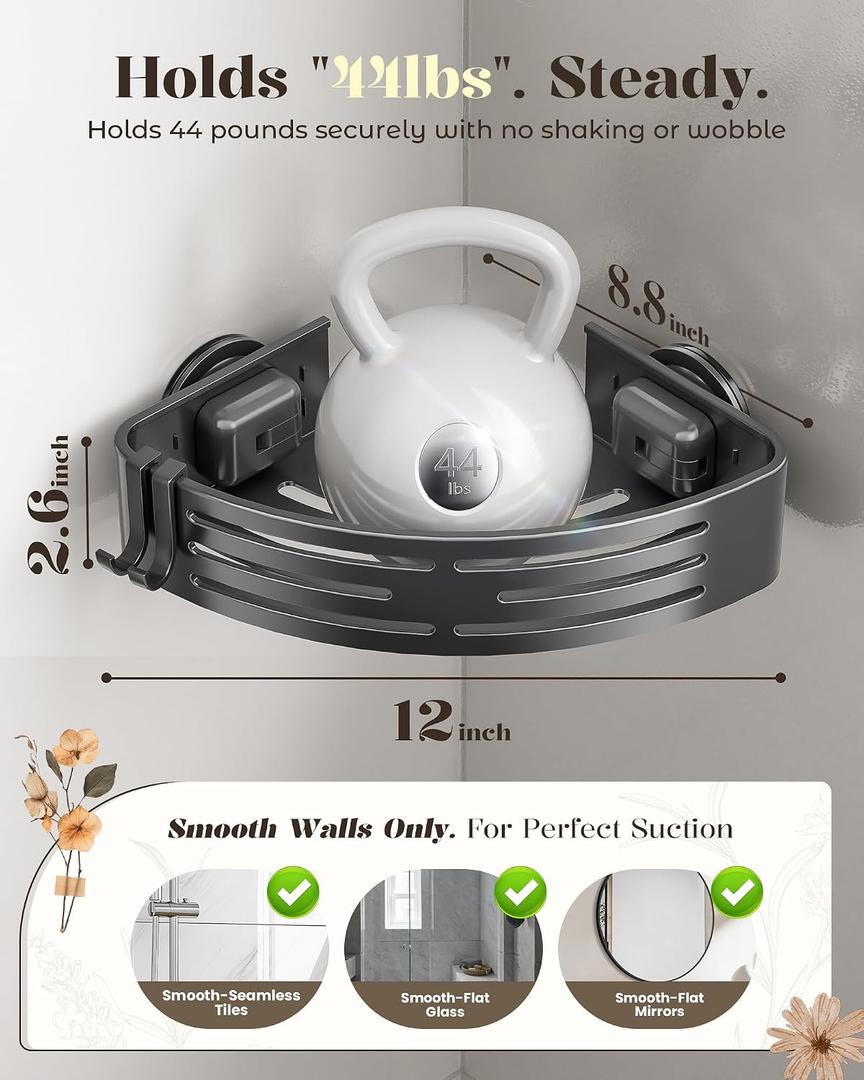 Corner Shower Caddy Suction Cup,Shower Shelves with Hooks,No Drilling Powerful Suction Bathroom Organizers and Storage,Removable Waterproof Rustproof Shower Bathroom Accessories Decor(Grey 1Pack)