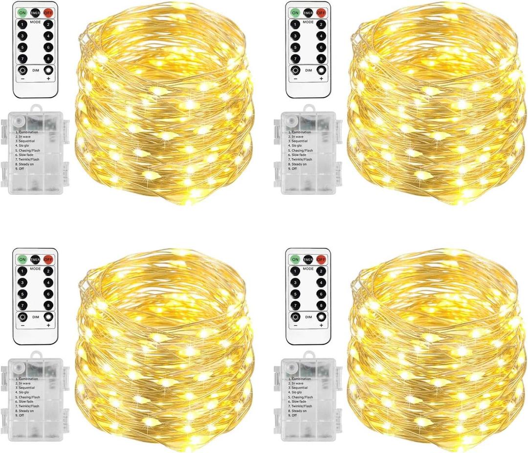 Homemory 4 Pack 20 Ft 60 LED Fairy Lights Battery Operated Christmas Lights with Remote Waterproof 8 Modes Firefly Twinkle String Lights for Party Bedroom Wedding Halloween Decorations (4 pcak warm white)