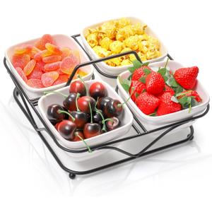 Ceramic Divided Serving Dishes, 4 Removable Snack Bowls with Metal Stand, 9 Inch Appetizer Platter with Handle, Dip Bowls for Party, Condiment Serving Relish Tray for Chips & Dips, Nut, Candy