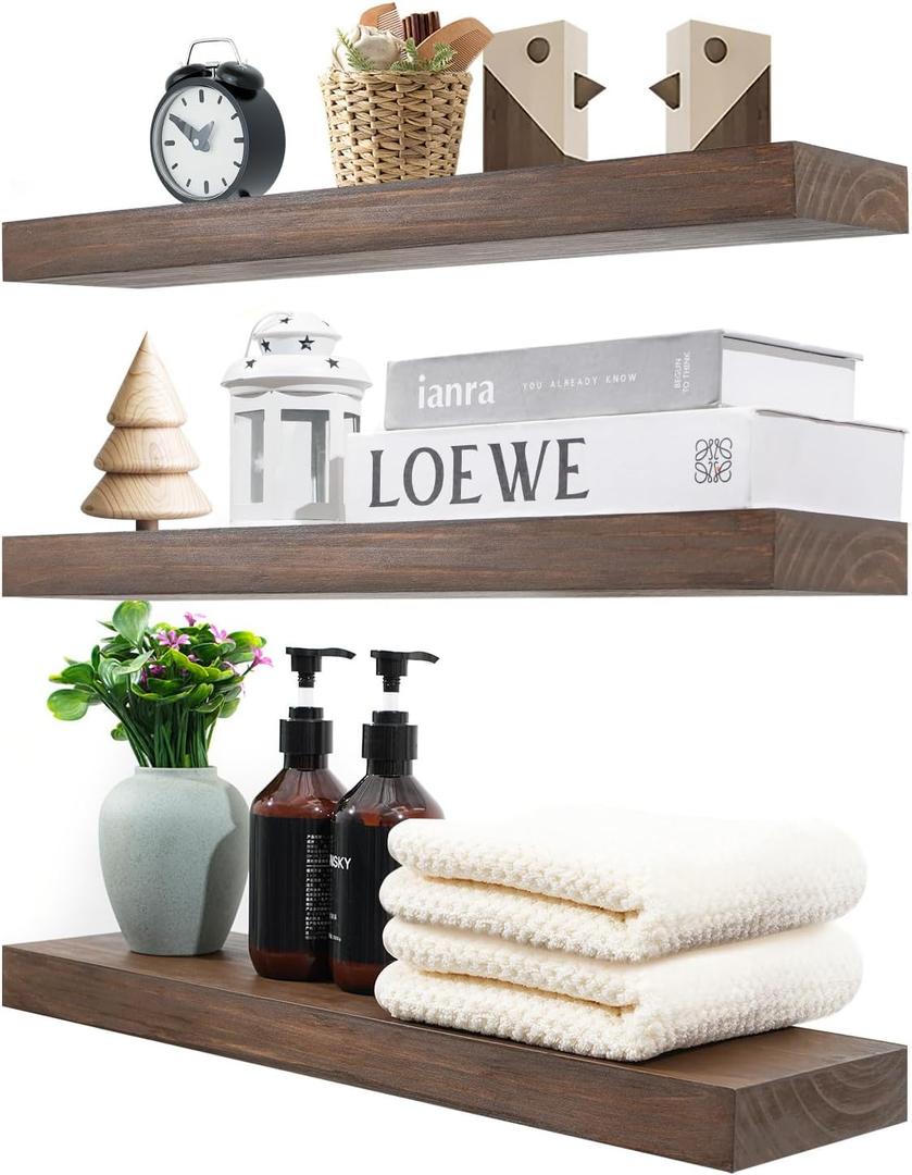 Wood Floating Shelves for Wall Set of 3, 22 Inch Rustic Walnut Floating Shelves Wall Mount, Solid Wooden Bathroom Floating Shelves for Kitchen, Bedroom, Living Room