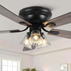 52 Inch Vintage Ceiling Fan with Lights Flush Mount Chandelier Ceiling Fan Indoor Farmhouse Rustic Chandelier Low Profile Antique Fandelier, 3 LED Light Bulbs Base, for Bedroom Living Room