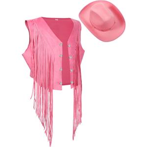 Yaomiao 70s Hippie Womens Fringe Vest Western Felt Cowgirl Hat Cowgirl Costume Rivets Sleeveless Faux Suede Tassels Jacket (Pink, M)