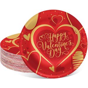 3 x Whaline 40Pcs Valentine's Paper Plates Gold Foil Love Heart Round Disposable Plates 9 Inch Red Decorative Tableware for Valentine's Day Anniversary Birthday Party Supplies