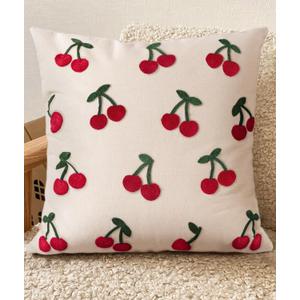 Embroidered Throw Pillow Cover 18x18 Inch - Spring Summer Boho Decorative Pillow Cover with Zipper for Living Room Couch Sofa Bed Aesthetic Design Little Cherry Cushion Pillowcase