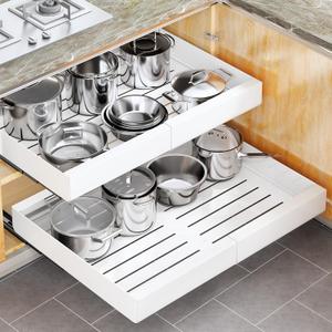 Pull out Cabinet Organizer, Wider Expandable (14"-24") Heavy Duty Slide out Drawers Fixed with Adhesive Nano Film for Pots, Roll out Shelf Storage for Kitchen Cabinet Organization (White-1pc)(3 Rails)