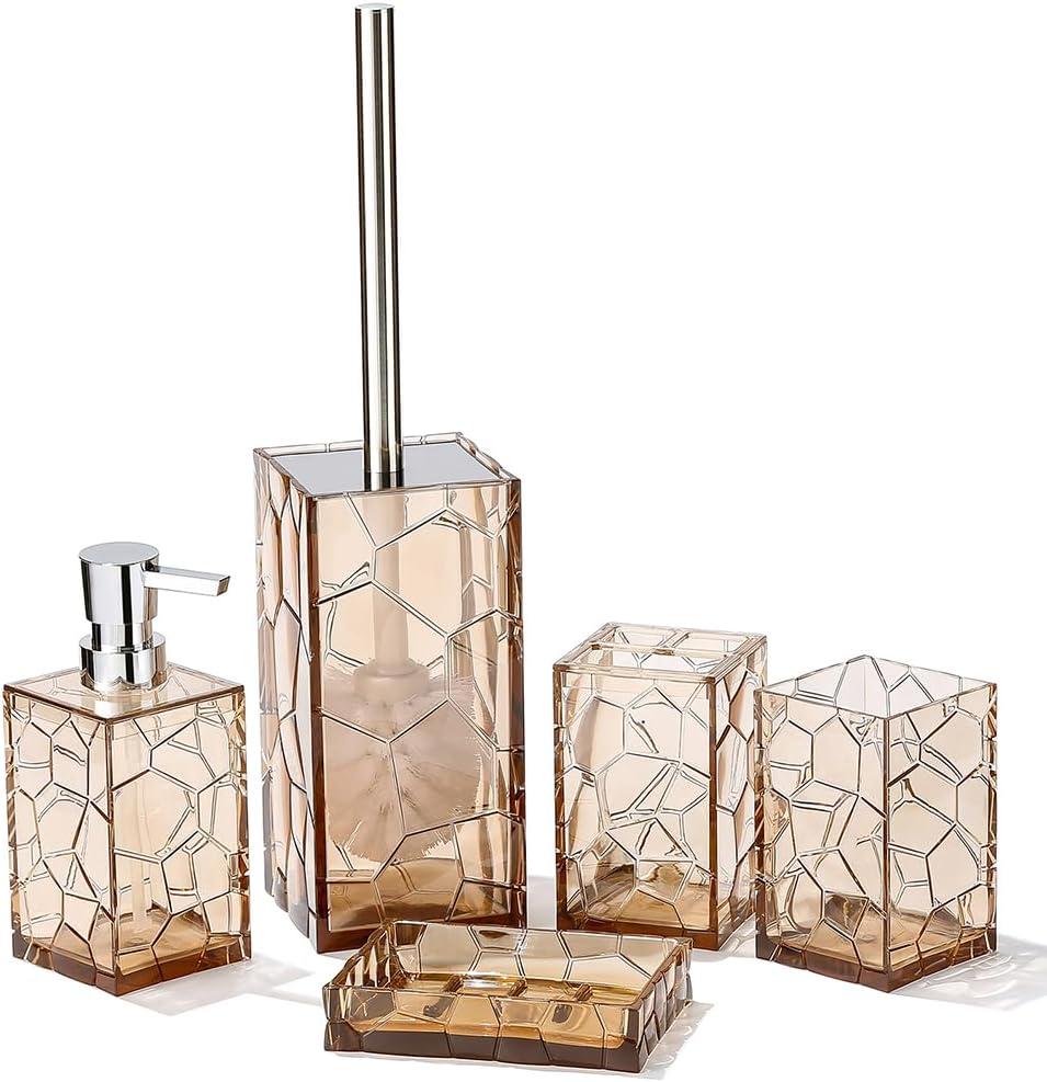 Clear Acrylic Bathroom Accessories Set - Rust-Free, Transparent Design - Includes Soap Dispenser, Toothbrush Holder, Cup, Soap Dish, and Toilet Brush 5-Piece (Brown)