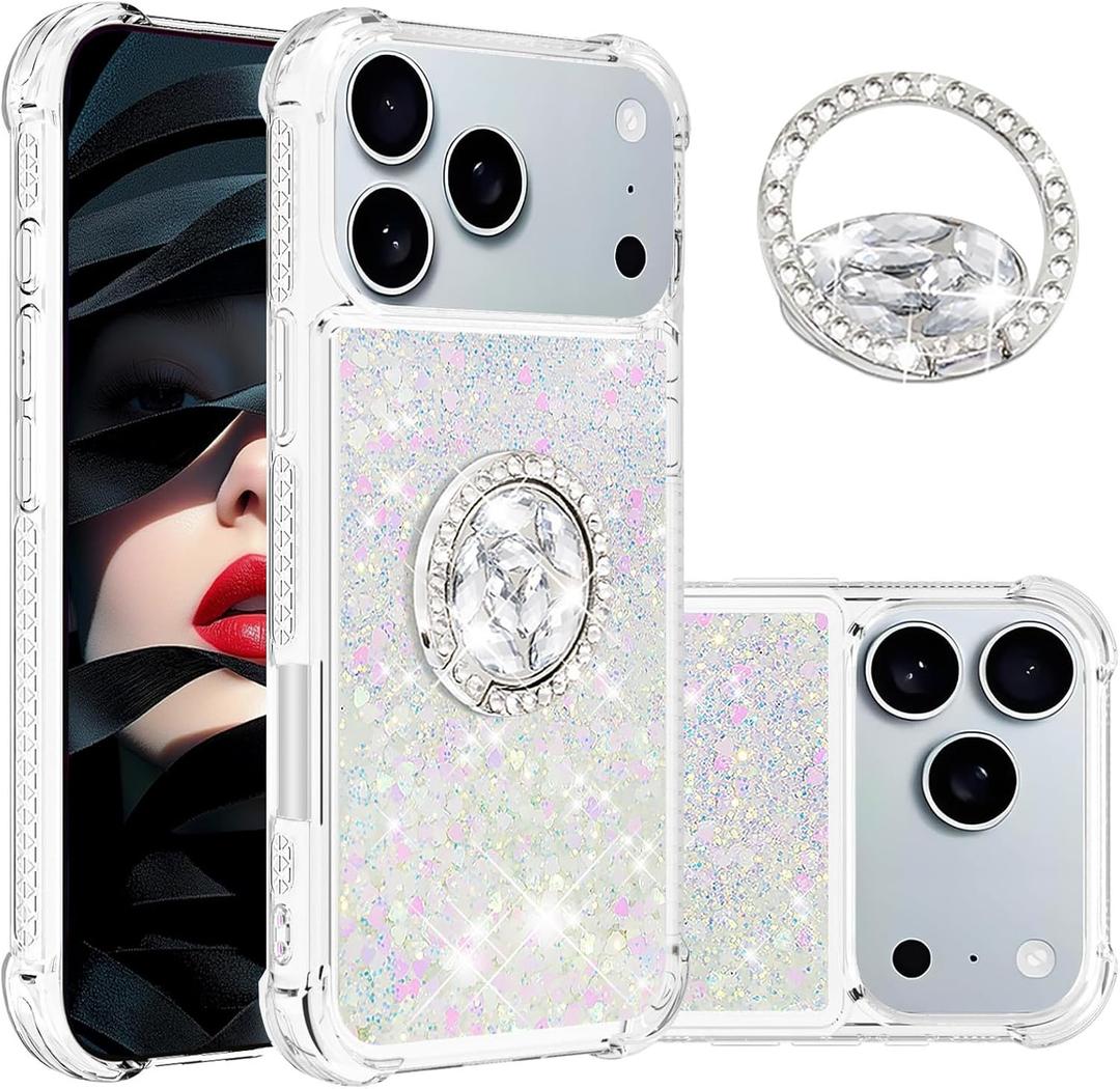 Ephoou for Apple iPhone 17 Pro Liquid Case for Women Girl, Glitter Cute Liquid Bling Sparkle Heart Floating Soft TPU Shockproof Cover with Diamond Ring Kickstand for iPhone 17 Pro LSZ-Colorful