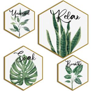 Hoteam Set of 4 Green Eucalyptus Bathroom Decor Botanical Wall Art Green and Gold Bathroom Decor Wall Art Relax Soak Unwind Breathe Paintings