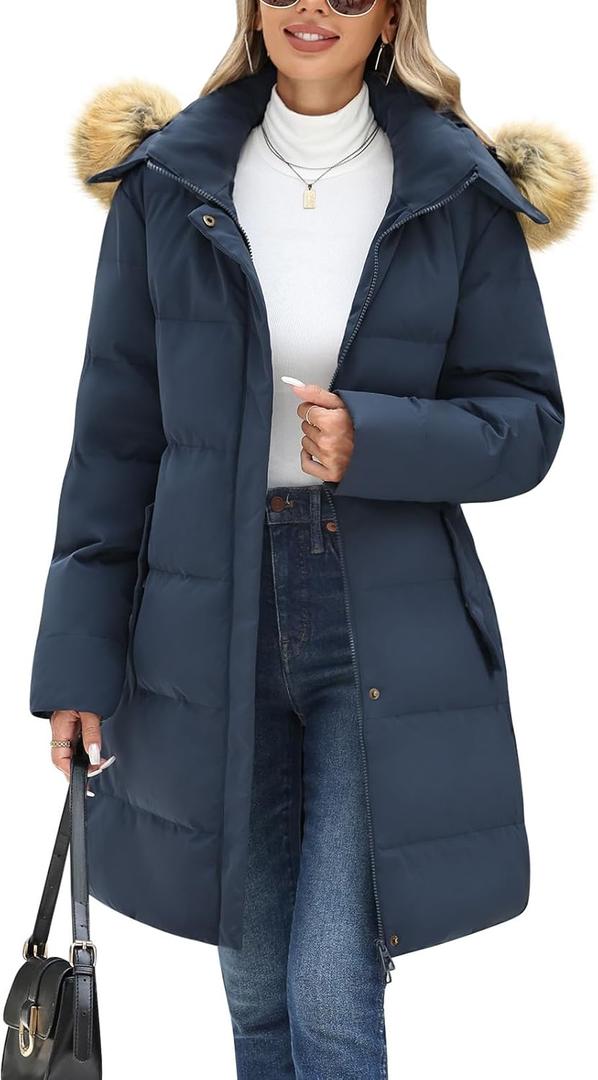 Winter Coats For Women Puffer Down Parka Thicken Warm Hooded Jacket Snow Quilted Jacket Hoodie Detachable Fur Hood 2025 (Small, Navy)
