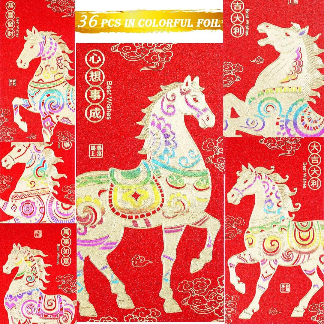 Red Envelopes Chinese New Year Of The Horse 2026,, Lucky Money Envelopes For Lunar New Year,Heavy Duty Li Xi Hongbao With 6 Gold Embossed Patterns Colorful 36Pcs Large Glitter