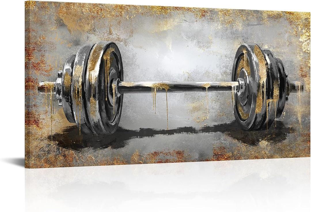 Nachic Wall Barbell Canvas Wall Art, Black and Gold Gym Weightlifting Print, Modern Fitness Wall Decor for Home Gym Man Cave 20"x40"