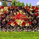 Floral Happy Birthday Backdrop 8 x 6 ft for Girls Woman Wedding Anniversary Party Decorations Banner Luxurious Golden Red Rose Elegant Velvet Retro Theme Background for Memorial Day