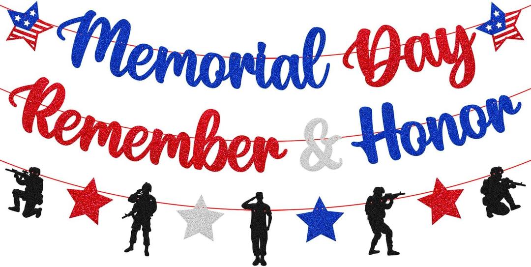 Memorial Day Remember & Honor Banner Happy Memorial Day Decorations Glitter Blue Red Silver Soldier Patriotic Military Army Theme Patriotic Holiday Party Supplies