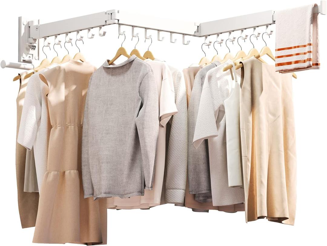 Clothes Drying Rack, Laundry Drying Rack Wall Mount, Wall Mounted Clothes Rack, Retractable, Collapsible(Tri-Fold),Drying Rack Clothing, can Fold Upward & Left & Right, Space Saver, White Color