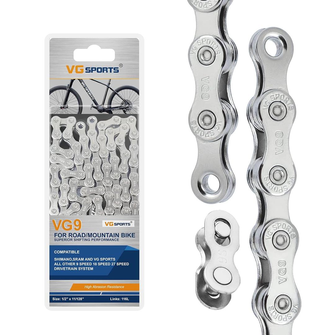 VG SPORTS 6/7/8/9/10/11 Speed Bike Chain,Half/Full Hollow Lightweight Bicycle Chain for Road Bike MTB,Silver/Gold/Titanium/Rainbow,116 Links with Missing Link