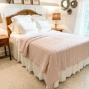 Timeless Ticking Striped Red Luxury King Quilt, 105" L x 120" W, Oversized, Hand Quilted Bedding, Holiday and Christmas Bedroom