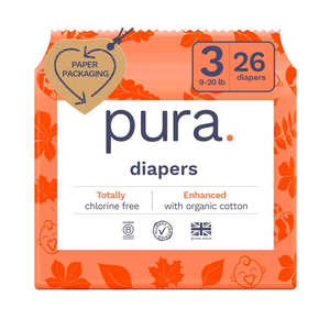 Pura Size 3 Eco-Friendly Diapers, Totally Chlorine Free, Hypoallergenic, Soft Organic Cotton, Sustainable, up to 12 Hours Leak Protection, Allergy UK, 26 Count (Pack of 1)