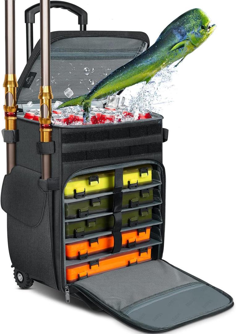 MATEIN Rolling Tackle Box with Cooler, Large Fishing Bag with Wheels for 5 Trays(Trays Not Included), Saltwater Resistant Tackle Backpack with Rod Holders for Storage Gear Pole Lures