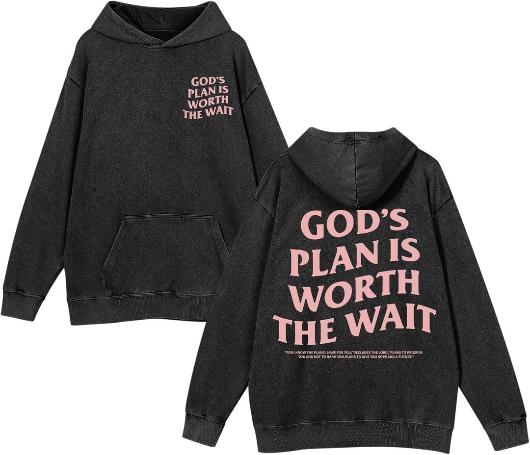 Christian Graphic Hoodies for Women God Bible Verse Oversized Hoodie Religious Letter Print Acid Wash Sweatshirts (Black, M)