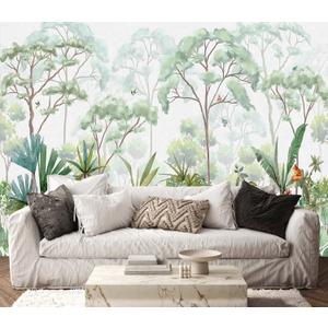 Tropical Forest Wallpaper Mural Green Botanical Leaves Rabbit Wall Mural Watercolor Art for Bedroom Living Room (Not Self-Adhesive) (127" x 96")