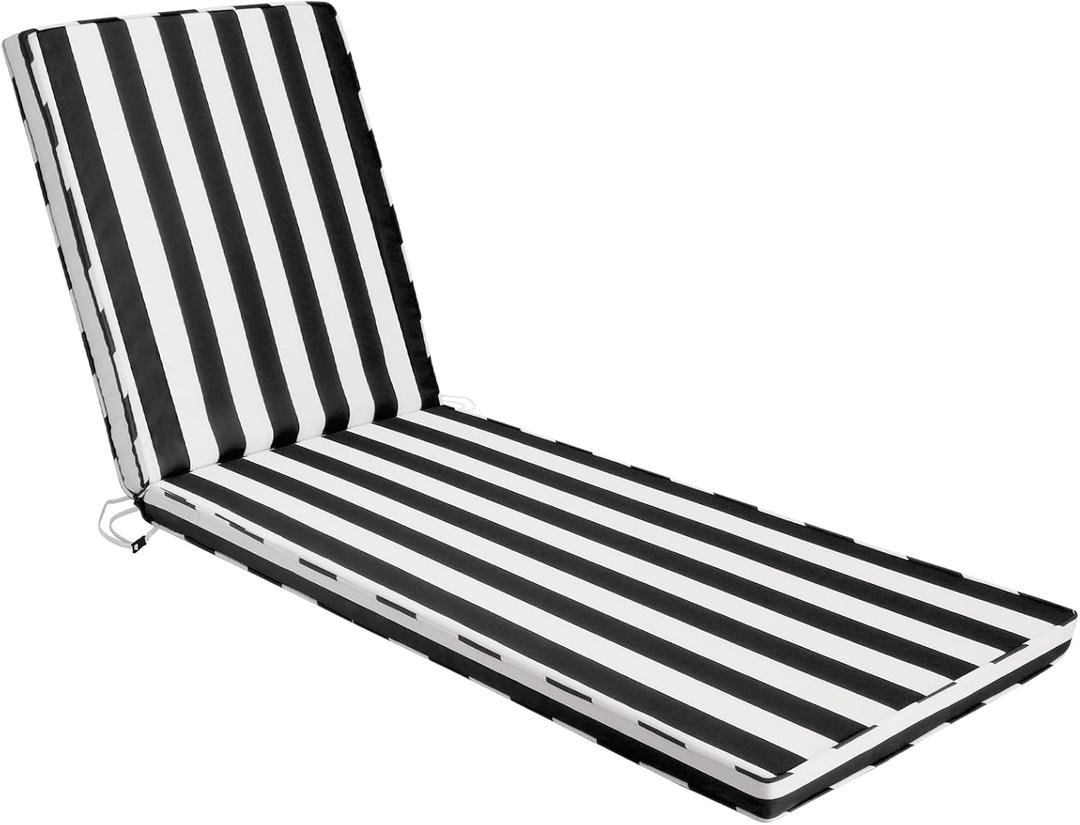 Chaise Lounge Cushions Outdoor, 71"x22"x3" Patio Lounge Chair Furniture Cushions with Washable Covers for Pool, Patio, Lawn (Black+ White Stripes, 1 Pcs)