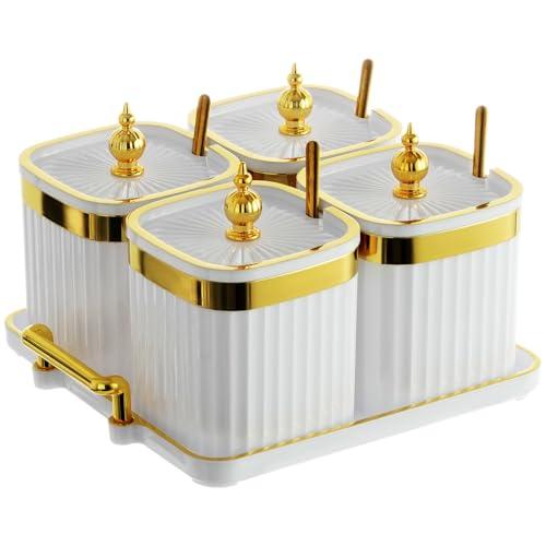 EABOSON 4 Pack Gold Condiment Spice Jars with Lids, Spoons, Tray - Plastic Seasoning Box Set for Salt, Pepper, Sugar - Kitchen Storage