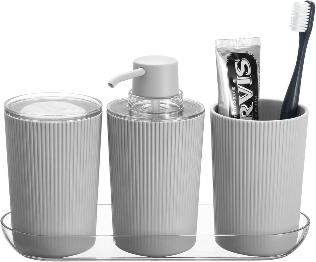 2 x iDesign Fluted 4-Piece Bathroom Accessories Set for Vanity Countertop - Gray/Clear