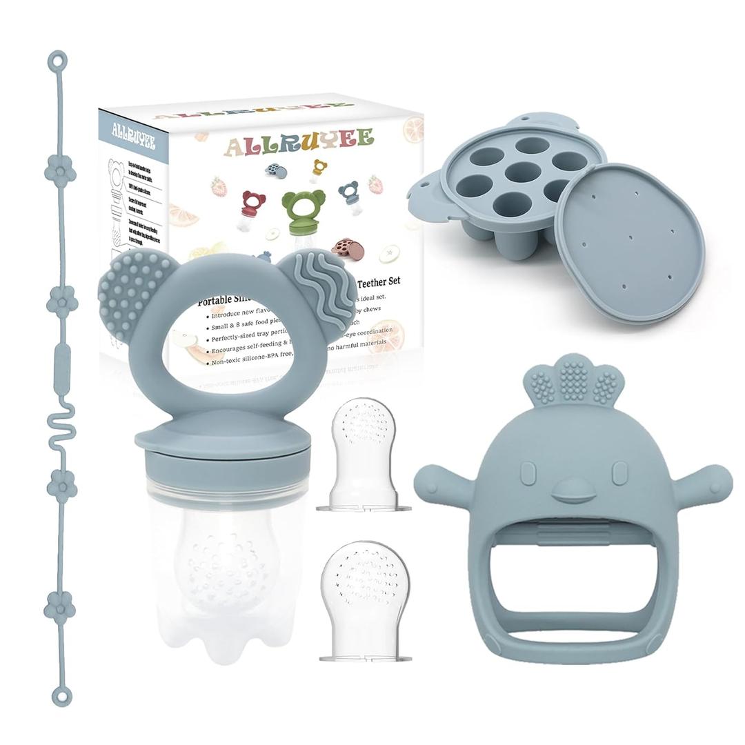 Baby Fruit Feeder & Mini Freezer Tray Combo - Baby Teether, Breastmilk Popsicle Molds for Teething Relief, Fresh Food Feeder for Safe Infant Self-Feeding, Extra Food Pouches(Blue)