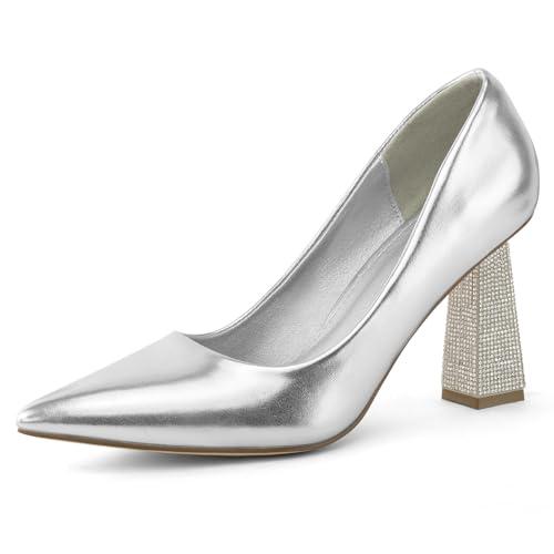 Women's Closed Pointed Toe Pumps Chunky Block High Heel Dress Office Party Wedding Shoes for Women Silver (7)