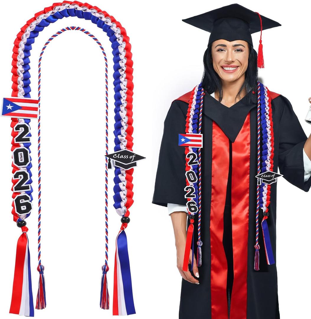 National Flag Graduation Leis Stole Class of 2026 Puerto Rico Flag Money Graduation Leis Sash 2026 Braided Ribbon Collares Honor Cords Necklace Gifts for International Students