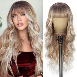 Ombre Blonde Wigs with Bangs Long curly wavy Wig highlight platinum blonde Wig for Women Natural Synthetic Wigs for Daily Party Use 26IN(highlight platinum blonde) (R60)