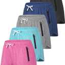 QWE 5 Pack Girls Athletic Shorts with Lock-Zip Pockets, Secure No-Slip Gym Dry-Fit Soccer Shorts for Youth Set A 10-12Years