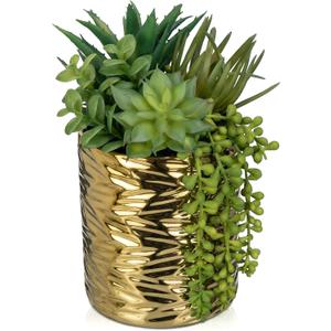 Hollyone Gold Artificial Succulents in Pots Faux Succulents Plants Fake Succulent Arrangement Potted Plants with Gold Tall Ceramic Vase for Desk Bathroom Shelf Living Room Indoor Home Decor Large