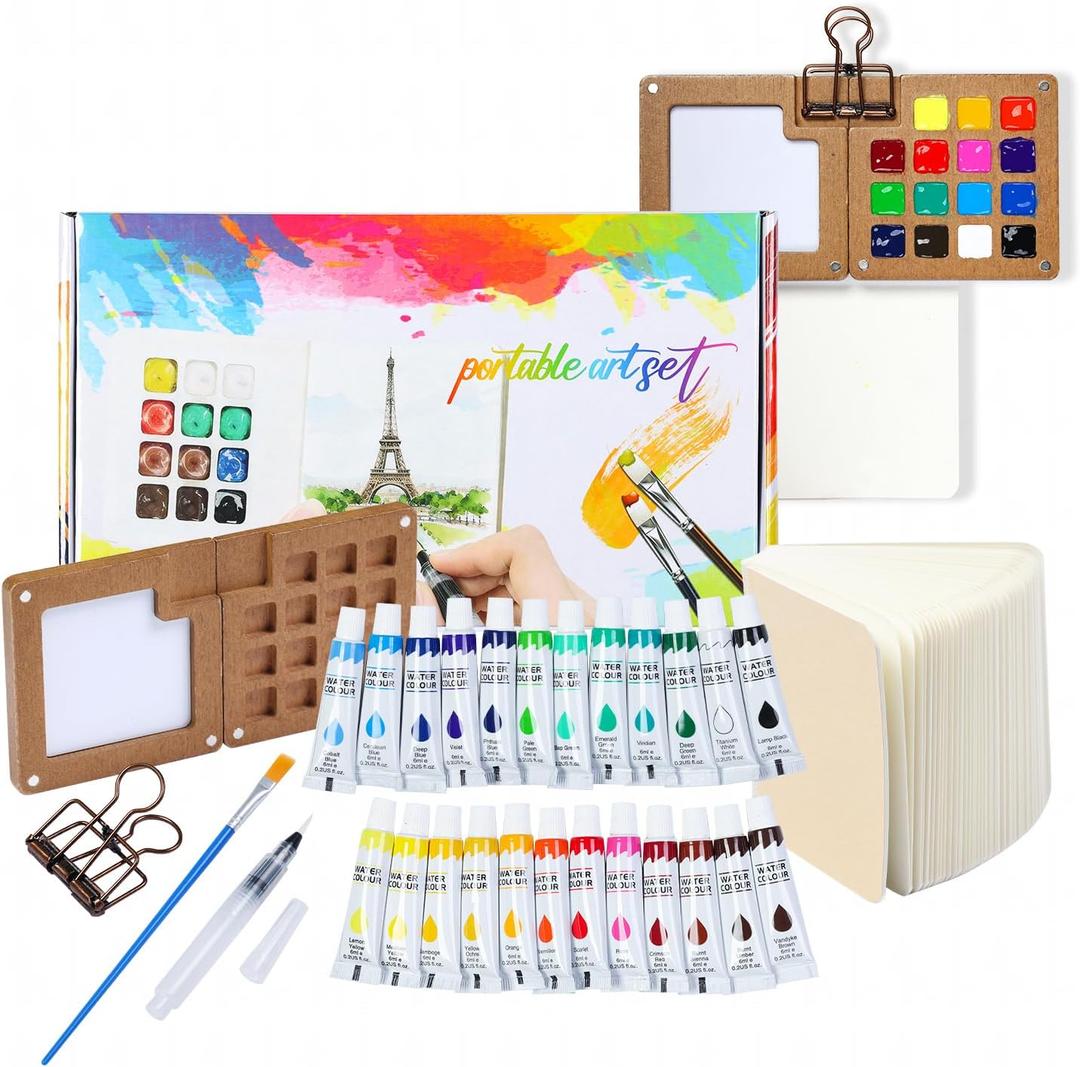 Mini Watercolor Paint Set, Travel Watercolor Paint kit with 24 Colors, Refillable Brush & Sketchbook, Ideal Watercolor Palette for Travel, Creative Painting Kit for Beginners and Artists(15 Gird)