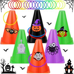 Halloween Ring Toss Game Set, 8 Witch Hat Plastic Cones and 30 Colorful Rings Hall oween Carnival Party Game Witch Hats Game Halloween Party Favors Indoor Outdoor Ring Toss Game