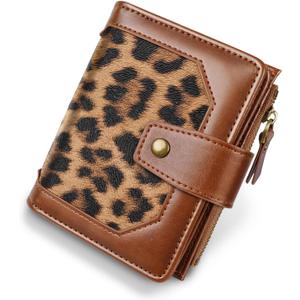 Women Leather Wallet RFID Blocking Small Bifold Zipper Pocket Wallet Card Case Purse with ID Window, Leopard