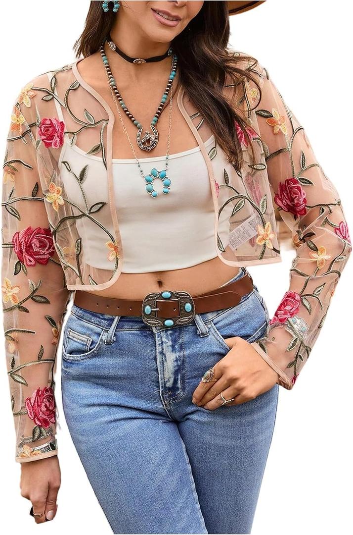 OYOANGLE Women's Floral Embroidered Sheer Bolero Open Front Crop Jackets Long Sleeve Mesh Summer Cardigan Tops (XL)