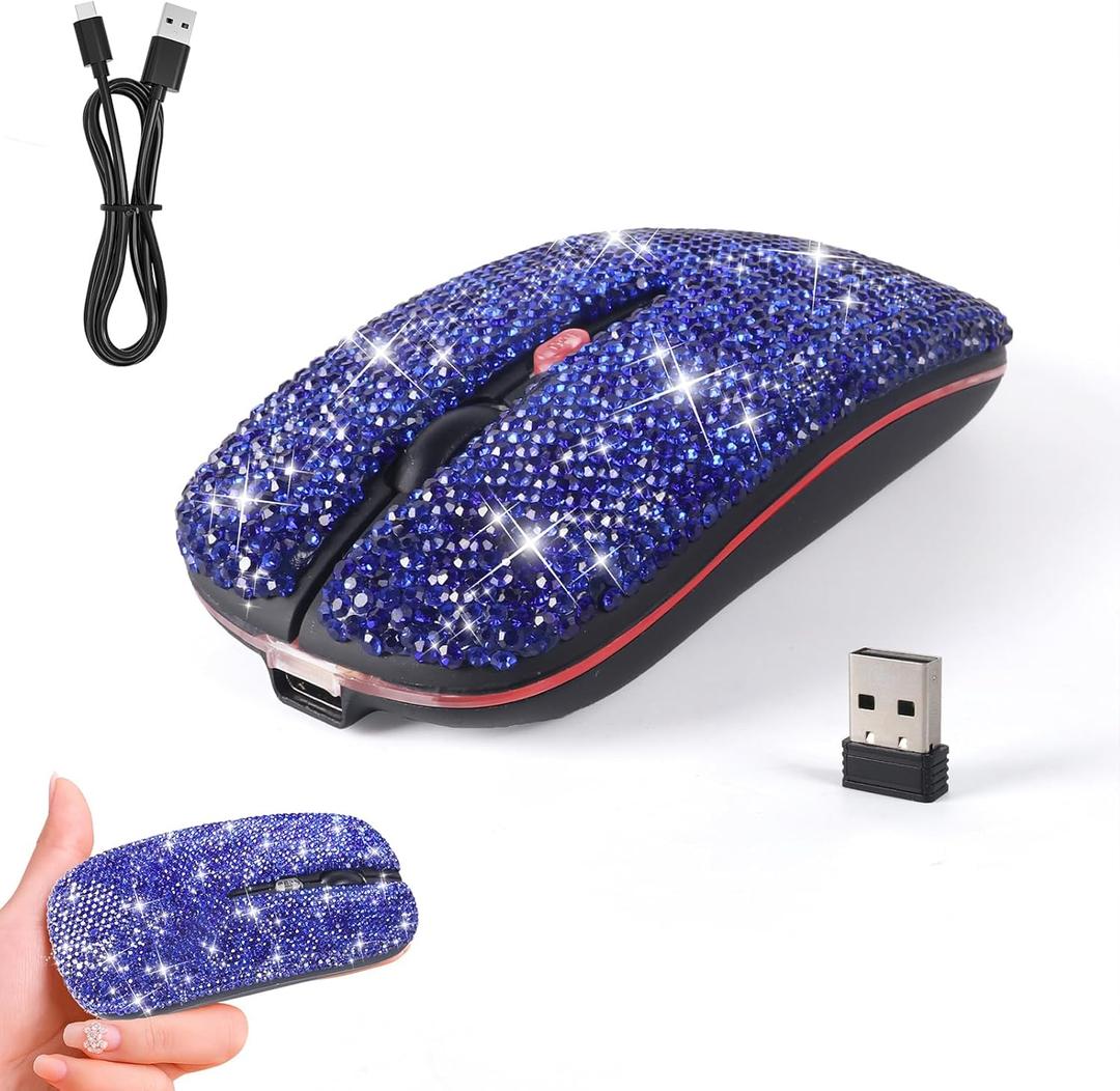 Cute Bling Wireless Bluetooth Mouse - Rechargeable Slim Mouse with LED Lights for Office and Home Use, Perfect for Girls and Professionals (Blue)