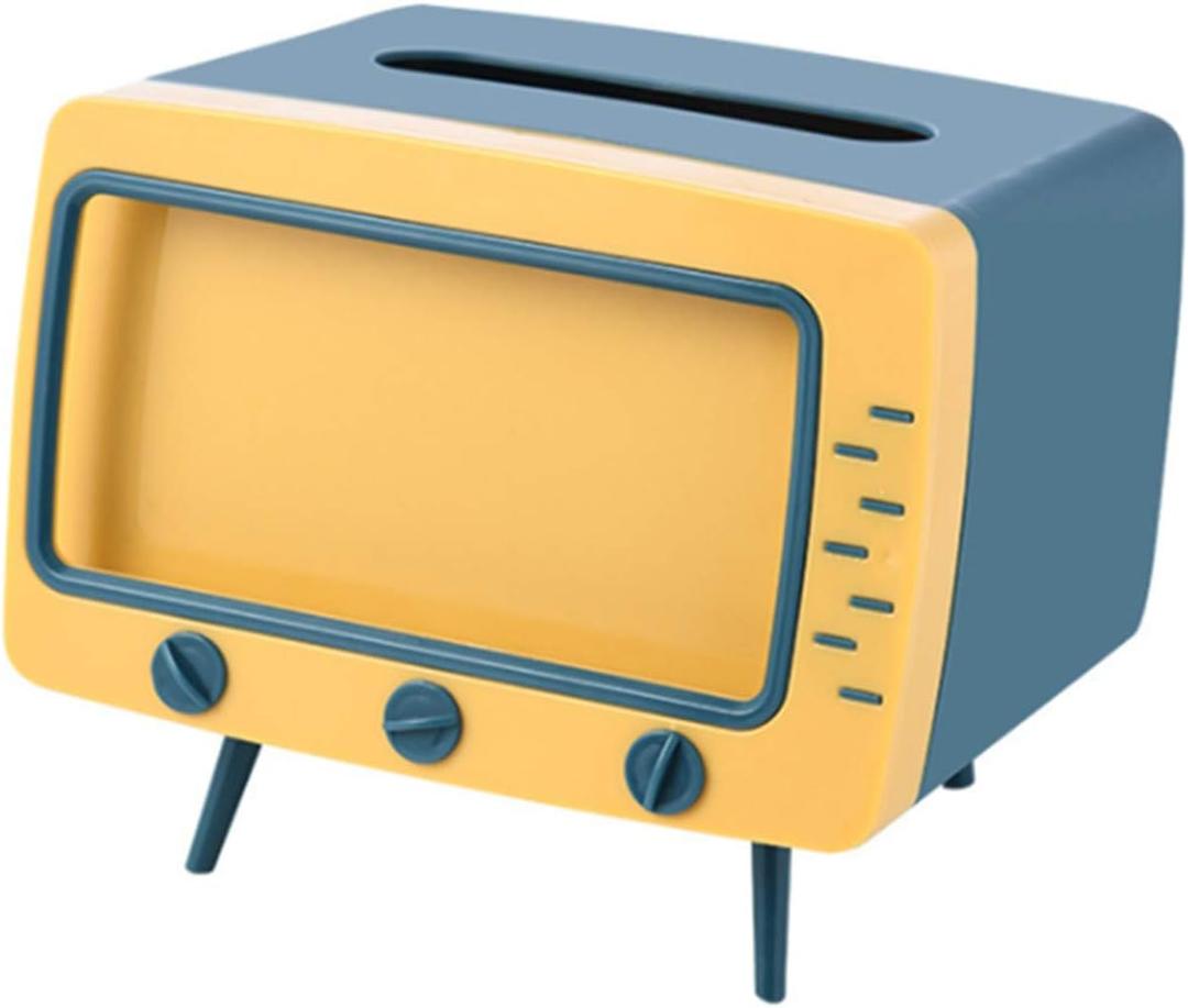 Jucaifu 2 in 1 Tissue Box Cover Holder for Bathroom Vanity Countertops, Adorable TV Shaped Square Toilet Paper Napkin Box Perfect for Kitchen Dining Room Bathroom Decor (Blue)