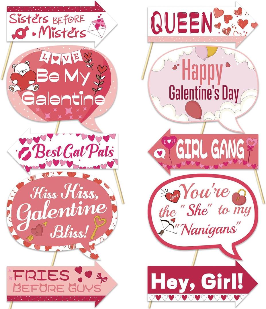 Ansoufien Galentines Day Photo Booth Props  10 Pack Fun Party Signs for Friends, Girl Gang & Besties  Cute Pink & Red Speech Bubbles & Arrows for Galentines Day, Bachelorette, Birthday Parties