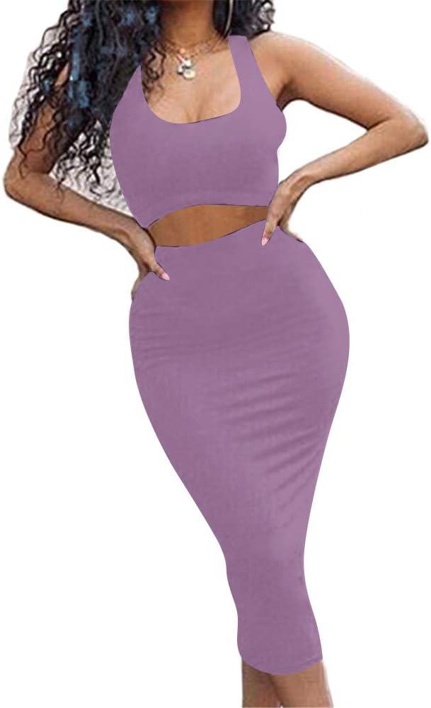 GOBLES Women's Sexy Summer Outfits Bodycon Tank Top Midi Skirt 2 Piece Dress (Purple, L)