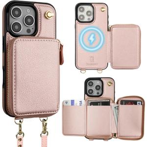 Bocasal for MagSafe Crossbody Wallet Case Compatible with iPhone 16 Pro, RFID Blocking Protective Purse Case with Card Slots Holder Kickstand Wrist Strap Lanyard Zipper 6.3 Inch 5G (Rose Gold)