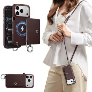 MAGEASY Designed for Phone 17 Pro Wallet Case with Crossbody Strap - Compatible with MagSafe Detachable Coin Purse & Card Slot, Leather Crossbody Lanyard, 16ft Drop Protection | Pouch M (Burgundy)