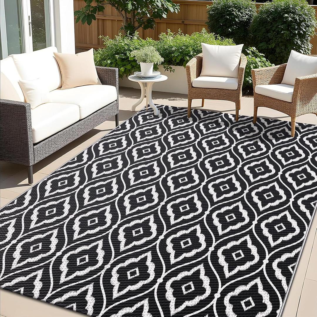 OLANLY Outdoor Rug 9x12 ft Waterproof, Outdoor Plastic Straw Rug with Geometric Pattern Clearance, Reversible RV Mat for Patio, Camping, Balcony, Deck, Backyard, Black & White