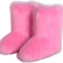 QMFUR Women's Furry Faux Fur Boots Fuzzy Fluffy Mid Calf Snow Boots Suede Warm Fur Lined Booties Flat Fashion Boots Size 41